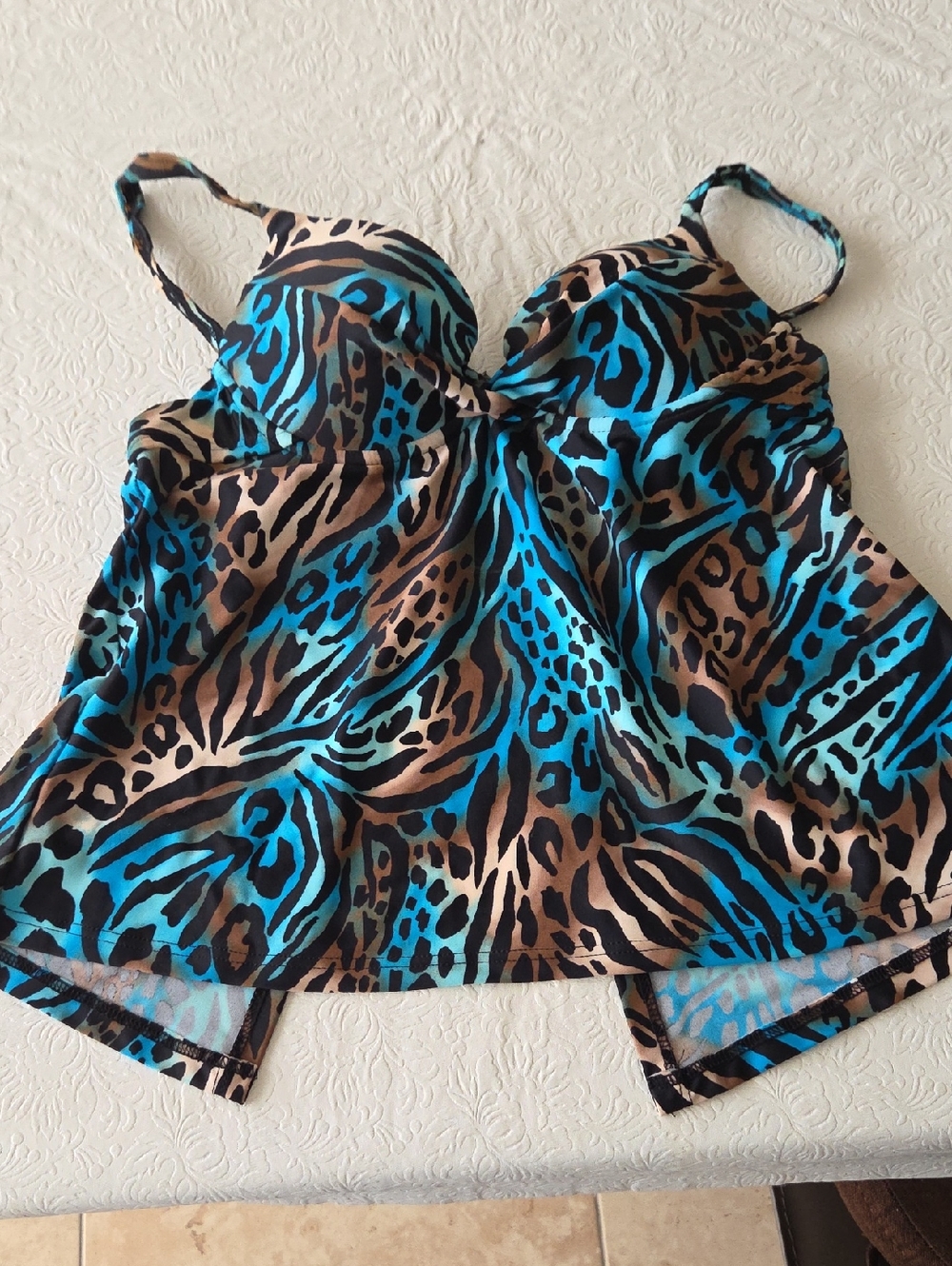 Maidenform Aqua Blue and Brown Animal Print Tankini Top